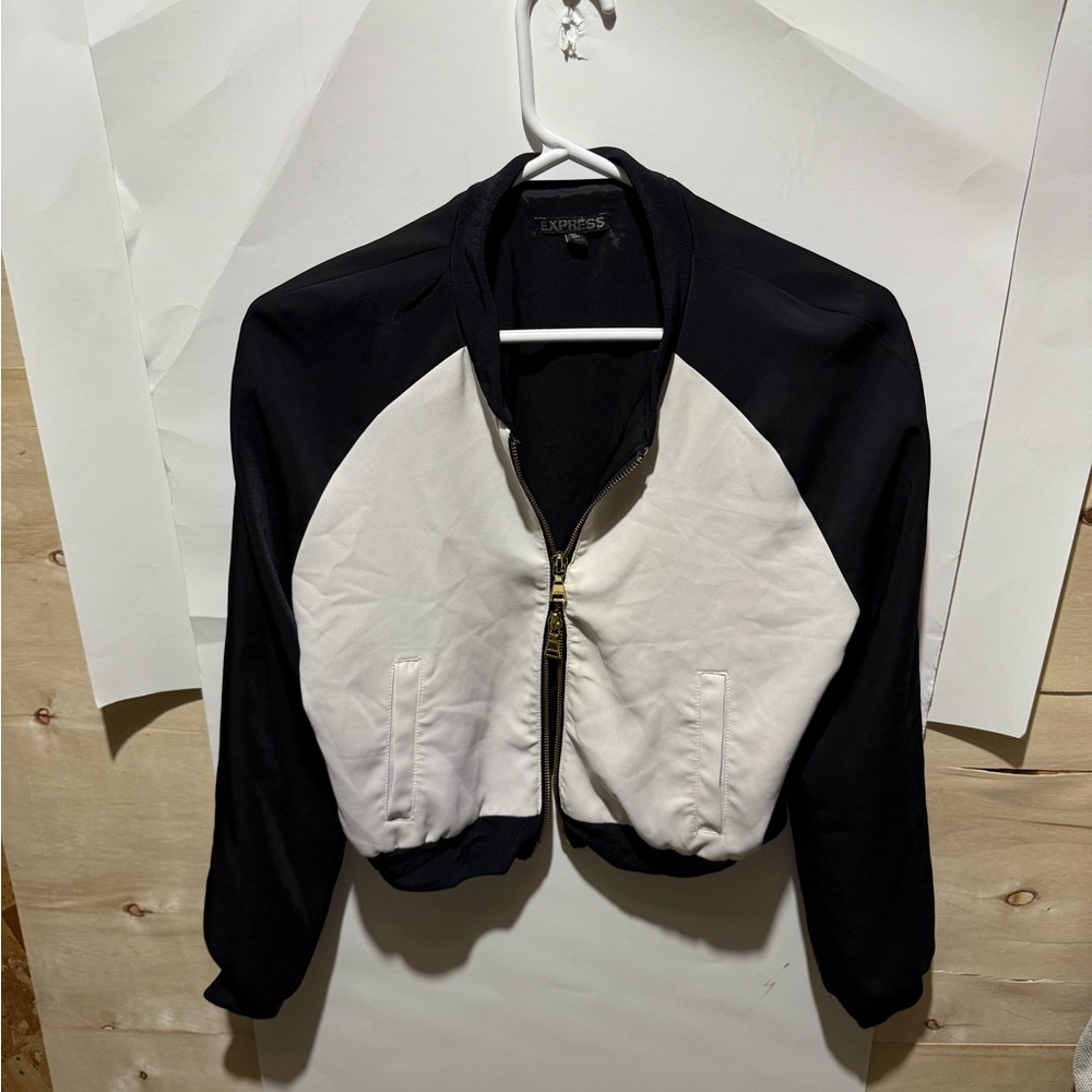 Express Black and White Bomber Jacket with Zip-Up Closure